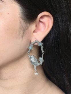 Oxidized silver replica parrot design dangler earrings with stone and pearl work