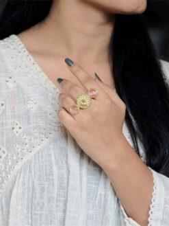 Gold plated adjustable unique design ring with Monalisa stone and pearl work