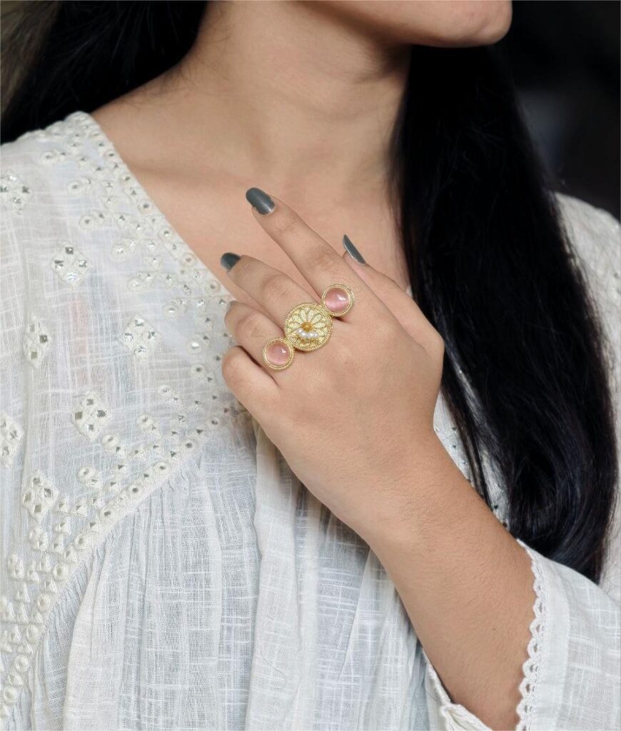 Traditional Gold Plated Adjustable Unique Design Ring | Monalisa Stone & Pearl Work