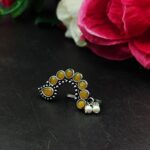 Traditional Oxidised Silver Plated Marathi Nath Press Nosepin - "Yellow"