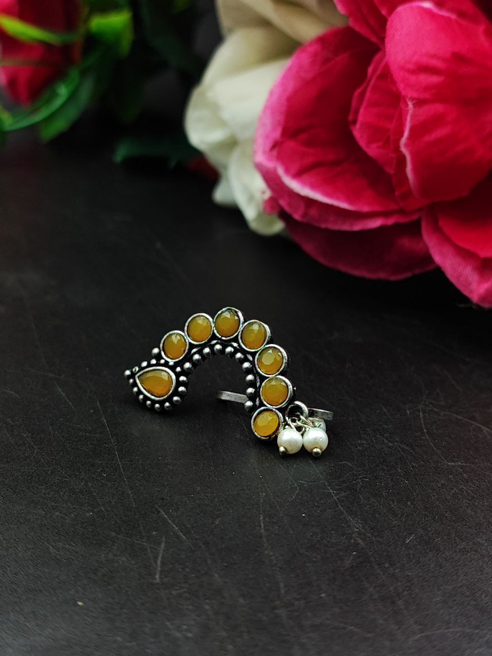 Traditional Oxidised Silver Plated Marathi Nath Press Nosepin 11 Traditional oxidised silver-plated Marathi nath nosepin