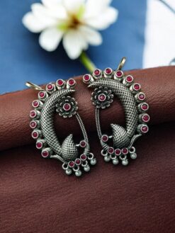 Silver Replica Peacock Design Earcuff | Stone & Pearl Work Jewelry