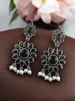 Silver Replica Oxidized Flower Design Earring For Girls