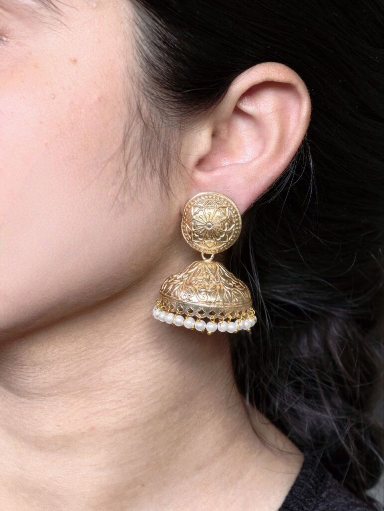 Traditional Gold Plated Jhumka Earrings | Pearl Work Floral Art Design Amazing Jewelry Gift For Her