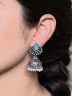 Traditional Monalisa stone silver plated jhumka earrings
