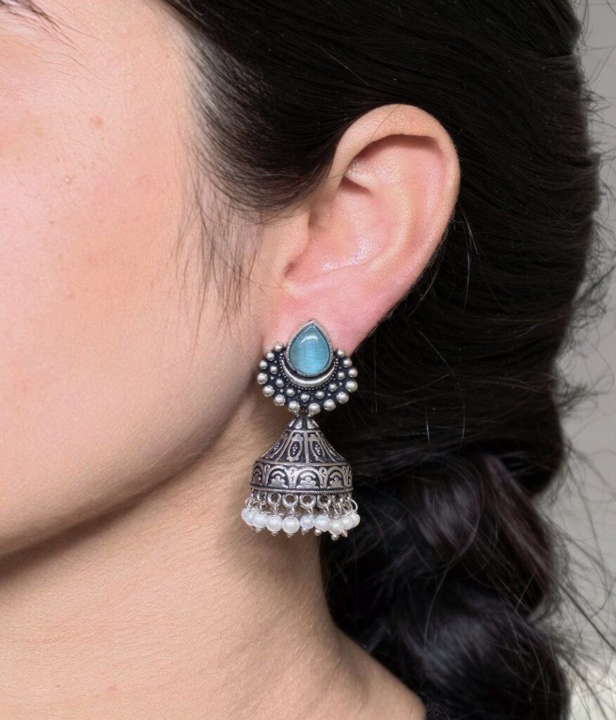 Traditional Monalisa Stone Silver Plated Jhumka Earrings | Best Pearl Work Festive Wear Jewelry