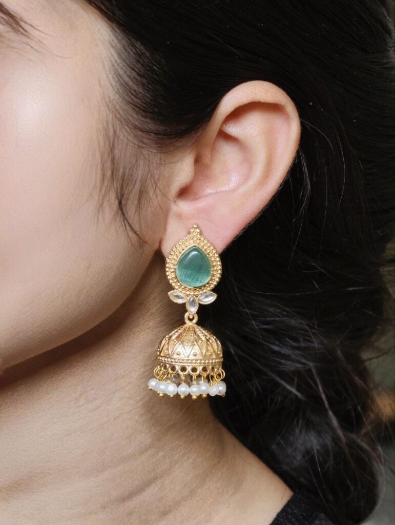 Designer Gold Plated Jhumka Earrings | Stone & Pearl Work Jewelry Perfect Gift For Her