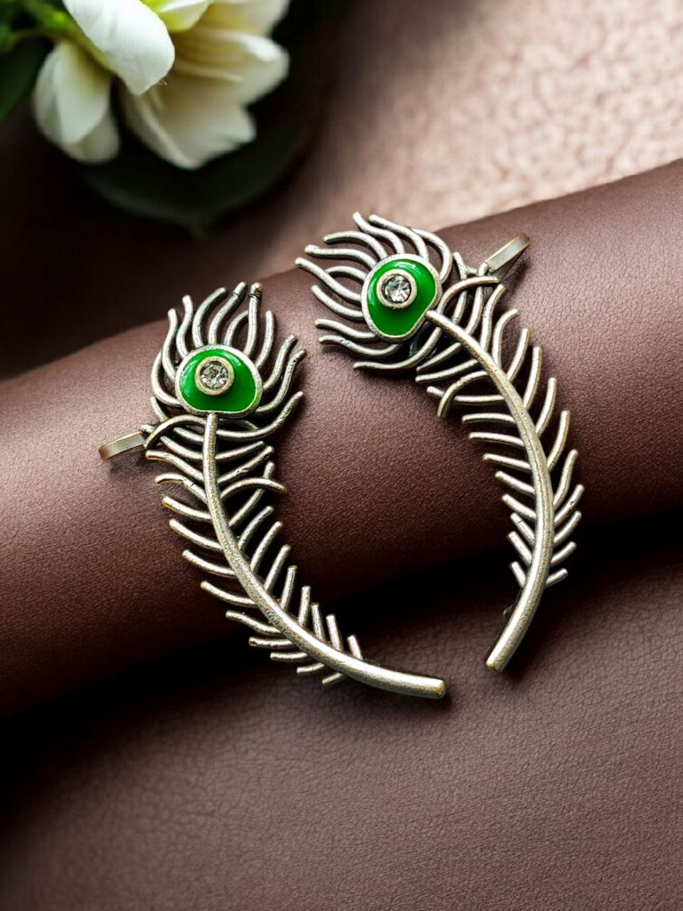 Silver Replica Meenakari Peacock Feather Earcuff | Traditional Ethnic Statement Jewelry 1 Silver replica meenakari peacock feather earcuff with intricate ethnic detailing and traditional statement jewelry design