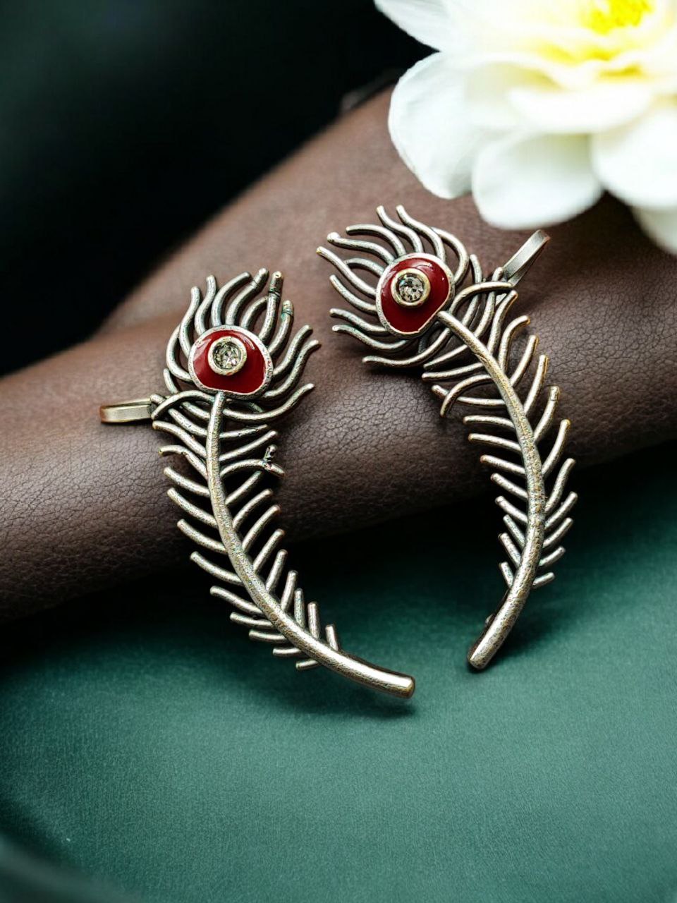 Silver Replica Meenakari Peacock Feather Earcuff | Traditional Ethnic Statement Jewelry 7 Silver replica meenakari peacock feather earcuff with intricate ethnic detailing and traditional statement jewelry design