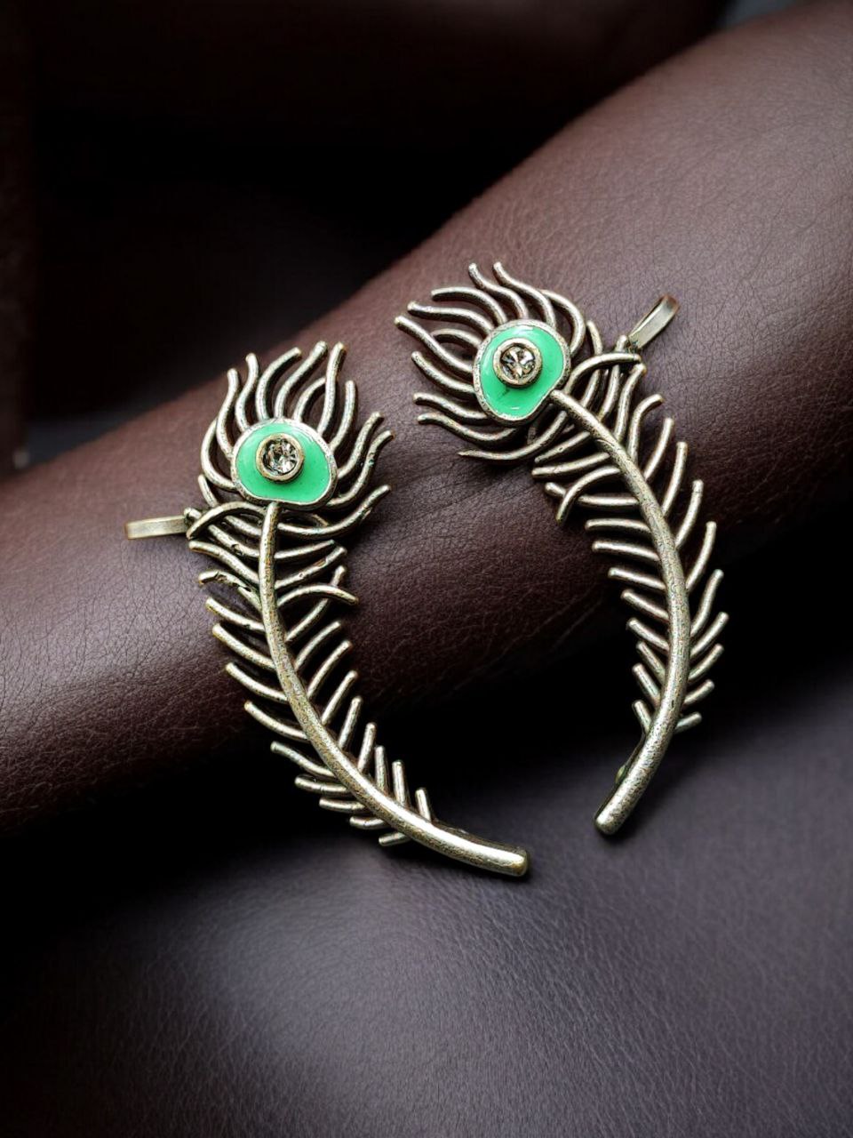 Silver Replica Meenakari Peacock Feather Earcuff | Traditional Ethnic Statement Jewelry 5 Silver replica meenakari peacock feather earcuff with intricate ethnic detailing and traditional statement jewelry design