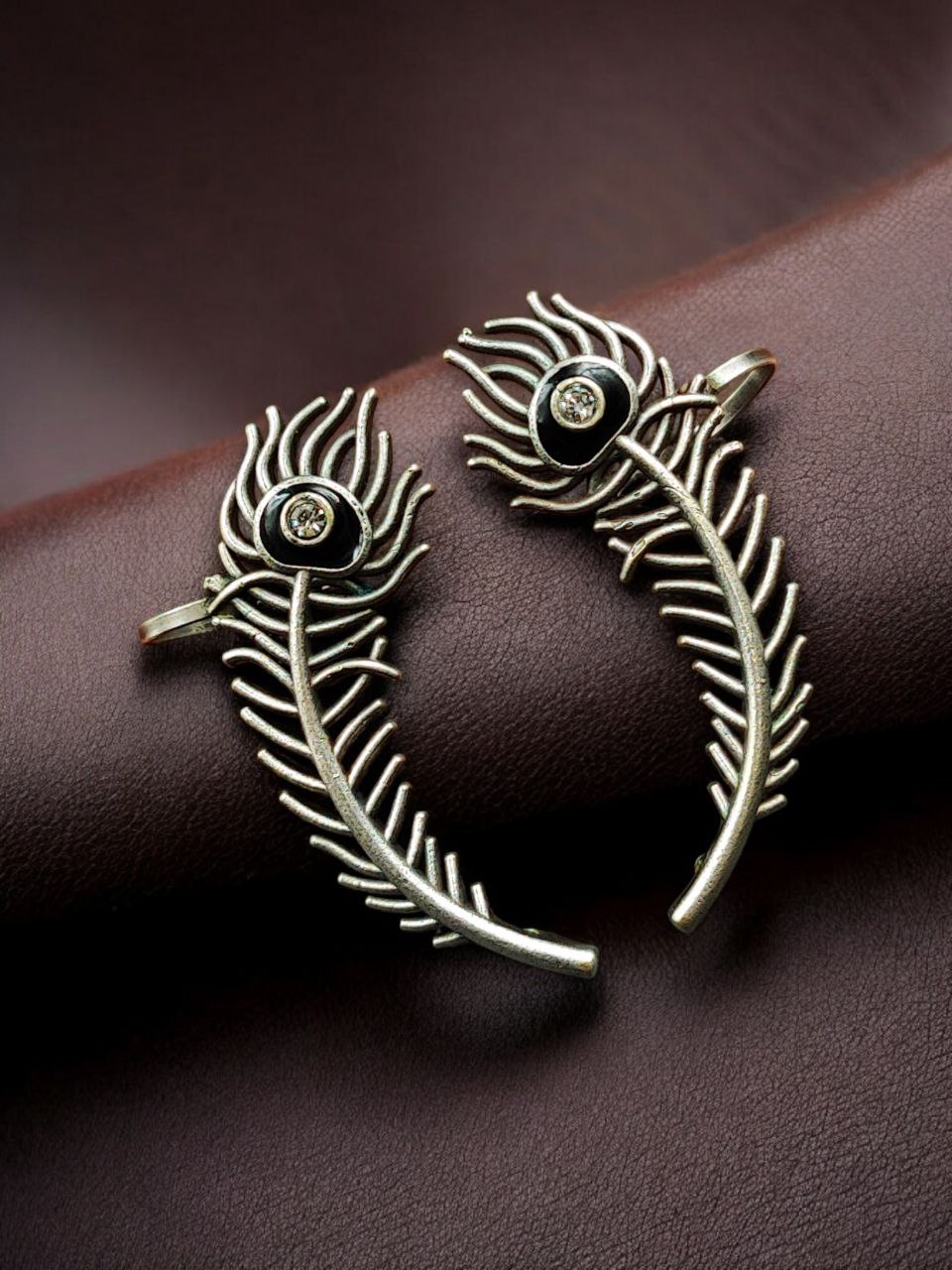 Silver Replica Meenakari Peacock Feather Earcuff | Traditional Ethnic Statement Jewelry 3 Silver replica meenakari peacock feather earcuff with intricate ethnic detailing and traditional statement jewelry design