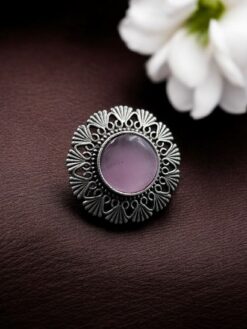 Vintage bloom silver replica floral art designer statement ring with intricate carved detailing and antique oxidized finish for traditional and festive wear.