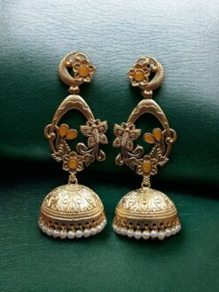 Traditional Butterfly Jhumka Earrings in affordable gold plated finish, ethnic dome design perfect for weddings and festive wear.