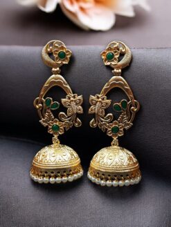 Traditional Butterfly Jhumka Earrings in affordable gold plated finish, ethnic dome design perfect for weddings and festive wear.