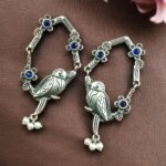Traditional Silver Replica Parrot Design Dangler Earrings | Stone & Pearl Work Best Oxidized Jewelry - "Blue"