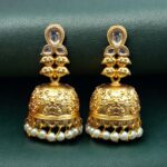 Gold Plated Floral Art Jhumka Dangler Earrings | Stone & Pearl Work Unique Jewelry - "White"