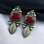 Vintage Look Silver Replica Leaf Design Stud Earrings | Monalisa Stone Best Jewelry For Girls - "Red"