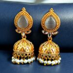 Designer Gold Plated Jhumka Earrings | Stone & Pearl Work Jewelry Perfect Gift For Her