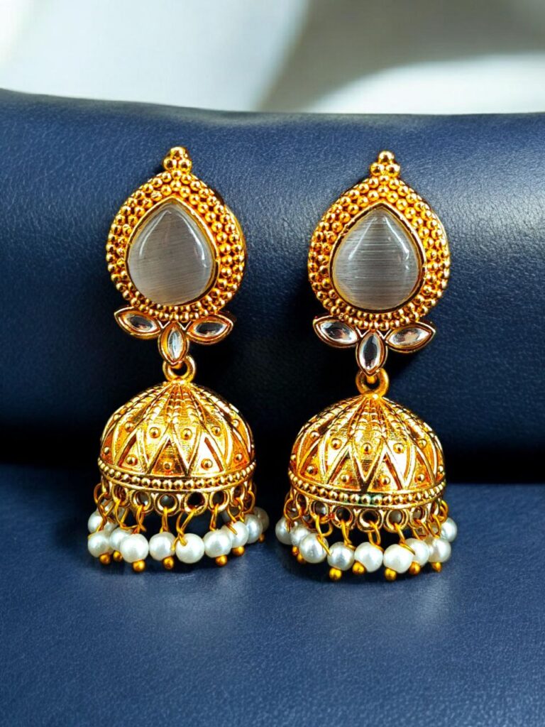 Designer Gold Plated Jhumka Earrings | Stone & Pearl Work Jewelry Perfect Gift For Her