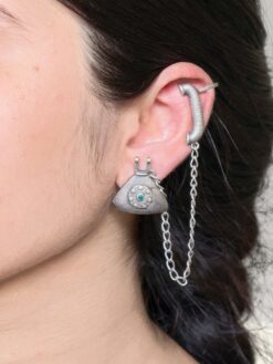 Silver replica oxidized telephone earcuff with stone work