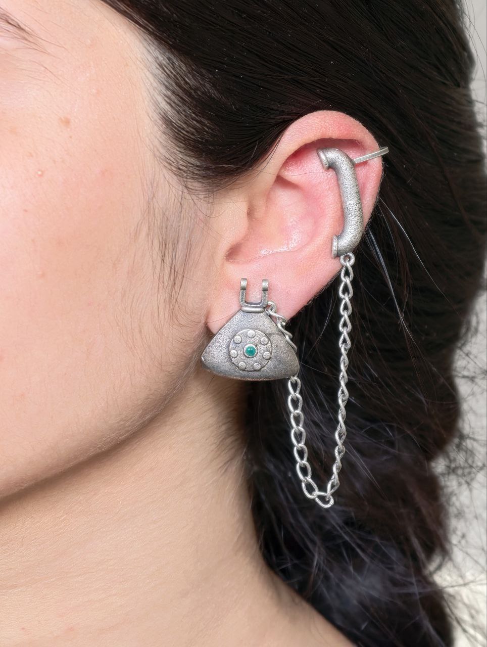 Silver Replica Beautiful Design Telephone Earcuff | Stone Work Oxidized Jewelry For Girls 1 Silver replica oxidized telephone earcuff with stone work