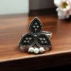 Oxidized leaf design adjustable ring with pearl work for women