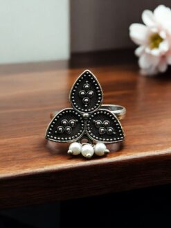 Oxidized leaf design adjustable ring with pearl work for women
