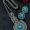 Flower design silver replica necklace set with round stud earrings, traditional antique finish ethnic jewelry set for women