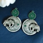 Traditional Elephant Design Earrings | Stone & Pearl Detailing Beautiful Jewelry Gift For Her - "Green"