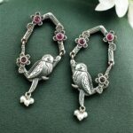 Traditional Silver Replica Parrot Design Dangler Earrings | Stone & Pearl Work Best Oxidized Jewelry - "Red"