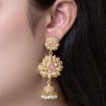 Elegant Gold Plated Flower Design Jhumka Earrings | Stone & Pearl Work Amazing Jewelry - "Baby Pink"