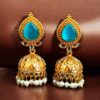 Gold plated jhumka earrings with stone and pearl work