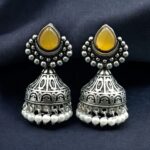 Bulk 8 Traditional Monalisa Stone Silver Plated Jhumka Earrings | Best Pearl Work Festive Wear Jewelry - "Yellow"