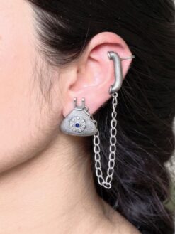 Silver replica oxidized telephone earcuff with stone work