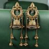 Royal gold plated Kashmiri jhumka earrings with intricate stone detailing and elegant pearl work, traditional Indian bridal and festive jewelry design