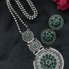 Flower design silver replica necklace set with round stud earrings, traditional antique finish ethnic jewelry set for women