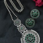 Bulk 158 Amazing Flower Design Silver Replica Necklace Set with Round Stud Earrings - "Green"