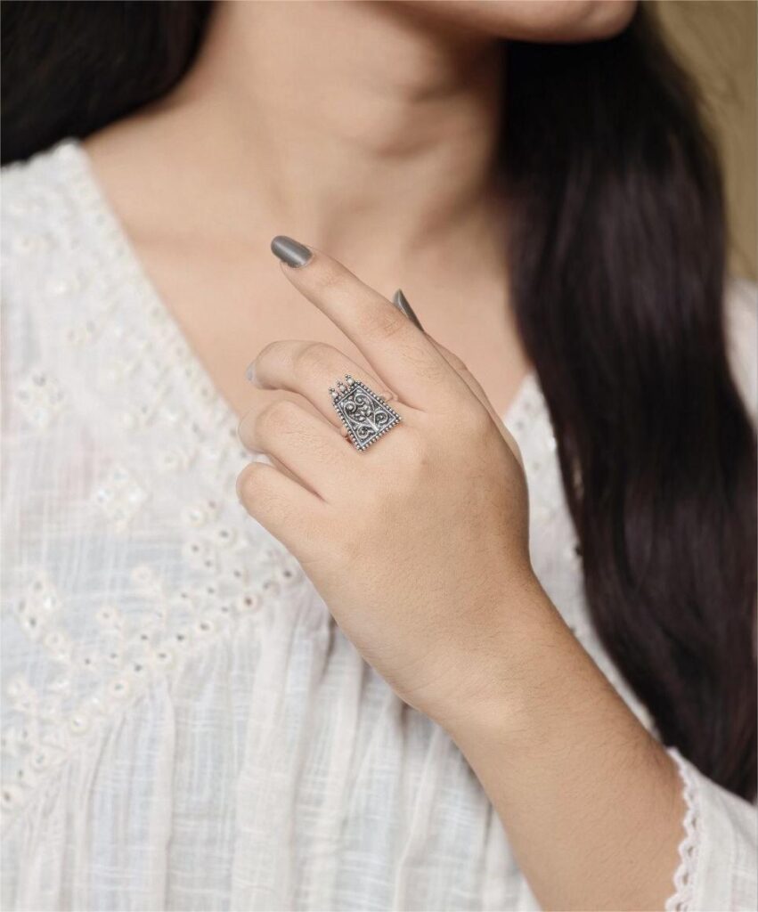 Elegant Floral Art Adjustable Ring | Oxidized Silver Plated Amazing Jewelry For Girls