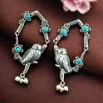 Traditional Silver Replica Parrot Design Dangler Earrings | Stone & Pearl Work Best Oxidized Jewelry - "Aqua"