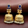 Gold plated floral art jhumka earrings with stone and pearl work