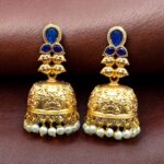 Gold Plated Floral Art Jhumka Dangler Earrings | Stone & Pearl Work Unique Jewelry - "Blue"