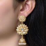Elegant Gold Plated Flower Design Jhumka Earrings | Stone & Pearl Work Amazing Jewelry - "White"