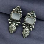 Vintage Look Silver Replica Leaf Design Stud Earrings | Monalisa Stone Best Jewelry For Girls - "Grey"