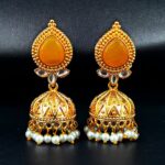 Designer Gold Plated Jhumka Earrings | Stone & Pearl Work Jewelry Perfect Gift For Her - "Yellow"