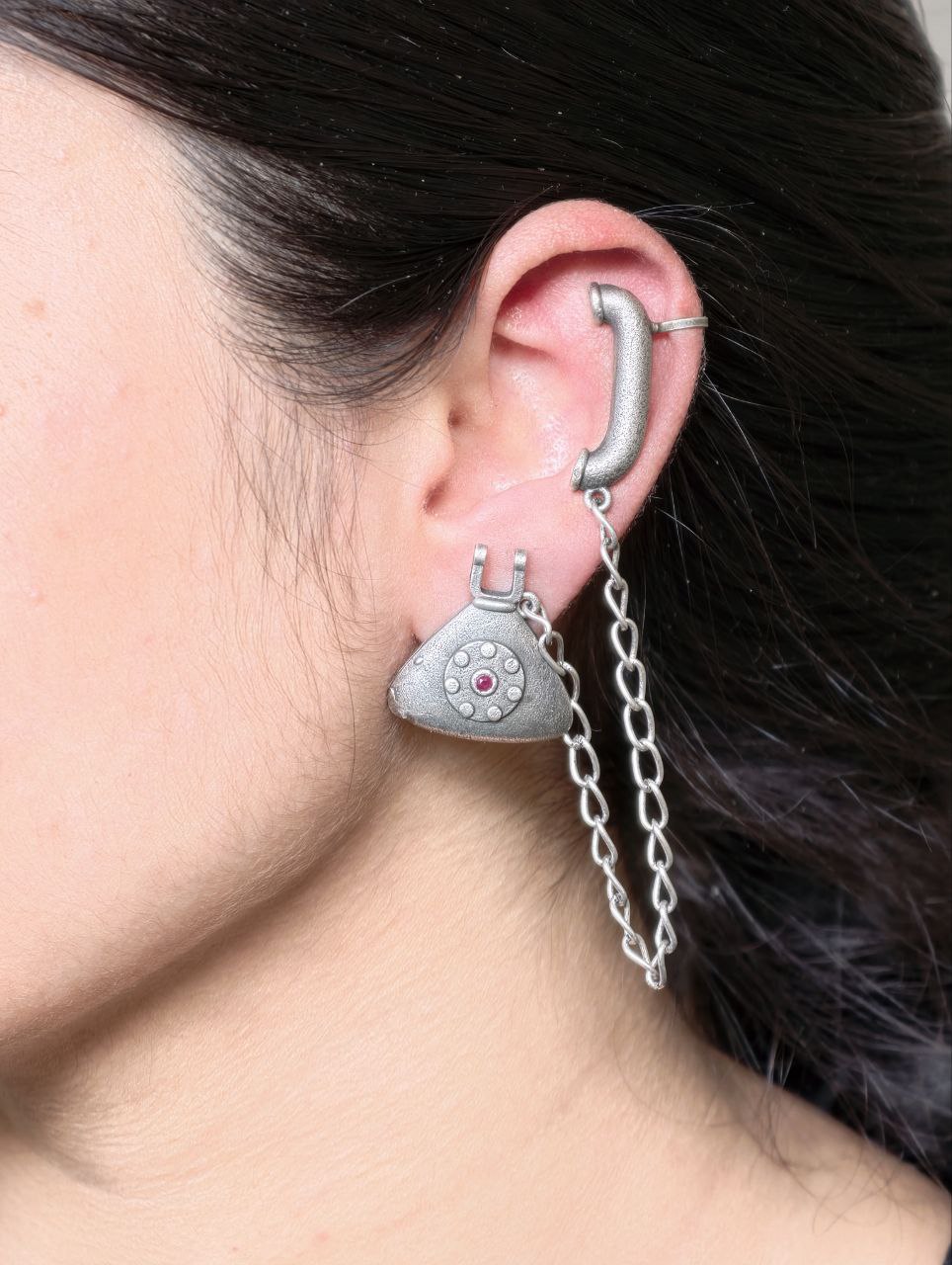 Silver Replica Beautiful Design Telephone Earcuff | Stone Work Oxidized Jewelry For Girls 6 Silver replica oxidized telephone earcuff with stone work