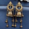 Royal gold plated Kashmiri jhumka earrings with intricate stone detailing and elegant pearl work, traditional Indian bridal and festive jewelry design