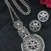Flower design silver replica necklace set with round stud earrings, traditional antique finish ethnic jewelry set for women