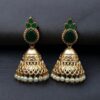 Luxurious Gold Plated Jhumka Earrings with Sparkling Stone Pearl Work 19 Luxurious gold plated jhumka earrings with sparkling stone embellishments and elegant pearl work, traditional Indian ethnic jewelry