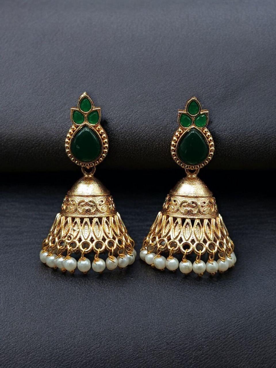 Luxurious Gold Plated Jhumka Earrings with Sparkling Stone Pearl Work 9 Luxurious gold plated jhumka earrings with sparkling stone embellishments and elegant pearl work, traditional Indian ethnic jewelry