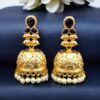 Gold plated floral art jhumka earrings with stone and pearl work